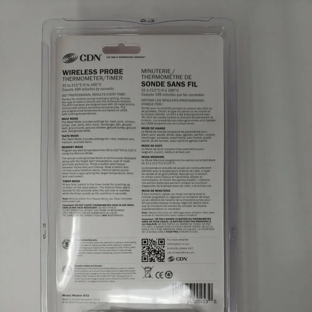 Wireless Probe Thermometer Timer Meat Poultry Roasts NEW Factory Sealed WT2 CDN